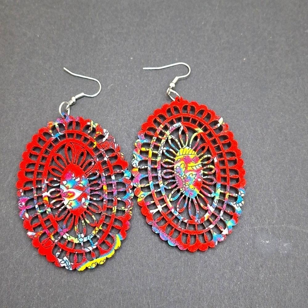 Red mandala earrings wood carved hollowed out oval ethnic fabric earrings